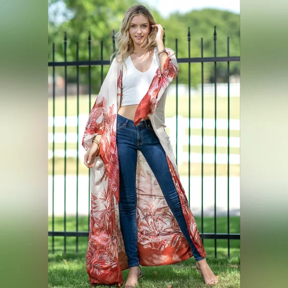 Stunning Kimono w/ Detailed Exotic Japanese Plants & Bonsai Tree Print - Picture 7 of 11